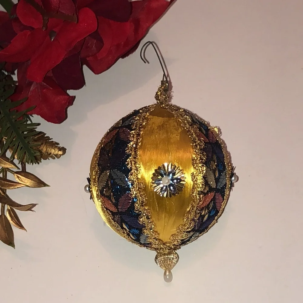 Gold Silk Ball Ornament Yellow Silk beaded ornament mid century Christmas